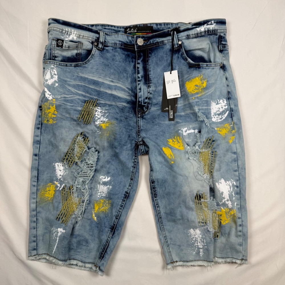 Switch Remarkable Mens Distressed Paint Splatter Denim Shorts Blue Size 40 NWT